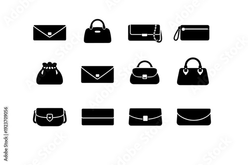 Women Fashion Bags. Solid icon set of Women Fashion Bags: clutch purse, mini handbag, shoulder clutch, wristlet bag, fashion pouch, trendy clutch, modern
