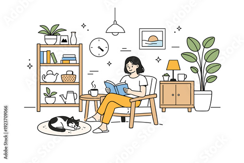 Soft natural light realism. Editorial home scene with plants, wooden furniture, and soft afternoon light. Natural textures and quiet domestic