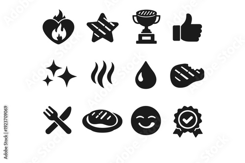 Grill Perfection. Solid icon set of Grill Perfection: flame heart, star steak, trophy grill, thumbs up, sparkle shine, aroma lines, juicy drip, bite mark, fork