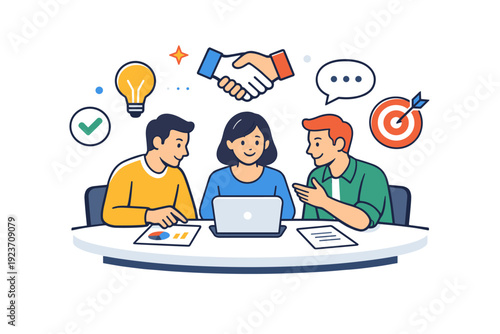 Business teamwork colleagues working together around a shared table with simple charts and icons, expressing collaboration, trust, and collective problem