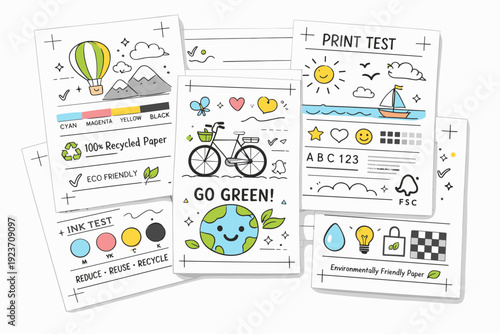 Recycled paper print tests. A flat lay view of multiple printed sheets on recycled and FSC-certified papers, annotated with light testing marks and eco labels.