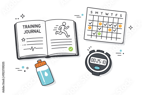 Athletic training journal setup. Notebook, calendar page, water bottle, and stopwatch placed in a clean flat lay. Calm professional mood