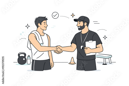Athletic coaching one-on-one. End of session scene with a confident handshake or nod, positive body language and sense of progress, clean training environment