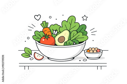 Vegan food. Calm editorial scene with a bowl of fresh vegetables and leafy greens on a simple table, soft shapes expressing freshness, balance, and healthy