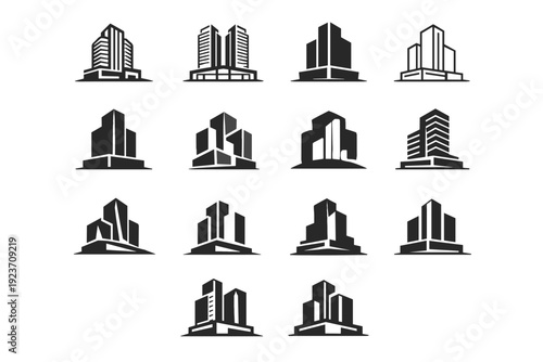 Mixed-use buildings. Icon set. Set Logo of Mixed-use buildings: high-rise with podium base. harmonious logo variations of the same emblematic concept, each