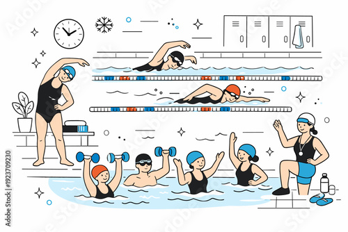 Winter swimming pool fitness routines. A clean editorial scene with swimmers doing laps, aqua aerobics, and stretches in an indoor pool,