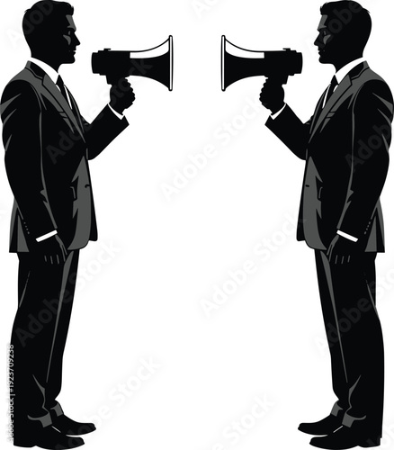 Two businessmen arguing with megaphones silhouette illustration, business conflict and communication debate concept isolated on white background