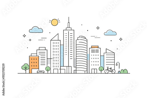 Modern city skyline. A simplified skyline with high-rise buildings and varied heights, calm and orderly. Sense of structure and modern life with soft abstract
