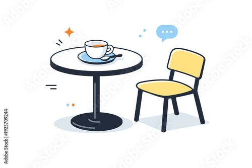 Half-finished cups on tables. Small cafe table with a cup and saucer, drink unfinished, chair slightly pulled back. Moment of absence and quiet urban pause.