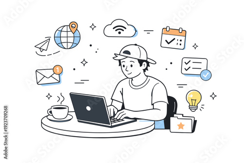 Digital nomad working on a laptop at a cozy cafe. A person typing with coffee nearby, soft abstract icons representing connectivity and