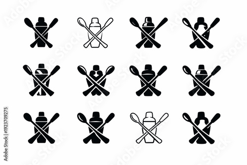 mixology. Icon set. Set Logo of mixology: crossed bar tools. harmonious logo variations of the same emblematic concept, each with different artistic