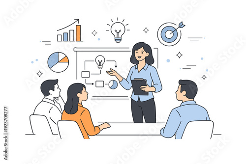Female leadership in business. A woman presenting ideas in front of a simple board while colleagues listen attentively, expressing clarity, authority, and