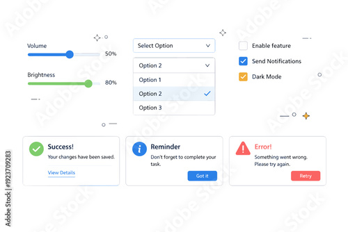 UI and UX elements. Clean interface kit with sliders, checkboxes, dropdowns, and notification cards arranged as a system. Calm functional