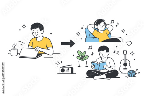 Time for self care. A person closing a laptop and transitioning to rest or hobby time. Intentional pause, personal well-being, relaxed mood. Minimalist flat