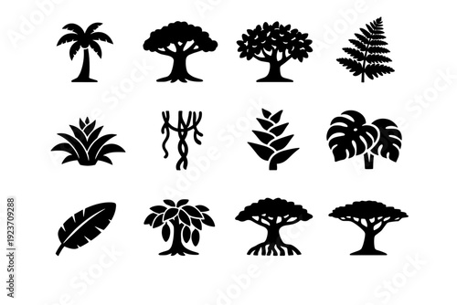 Tropical trees and plants. Solid icon set of Tropical trees and plants: palm tree, kapok tree, fig tree, fern, bromeliad, liana, heliconia, philodendron,