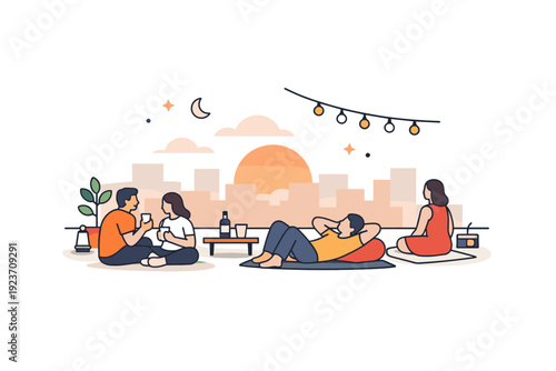 Rooftop sunset hangouts focusing on slow living and urban escape as the city fades into soft shapes while people enjoy simple moments above the