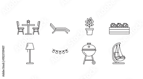 Outdoor Patio Furniture and Decor Icons Set: Dining, Lounge, Grill, Lights