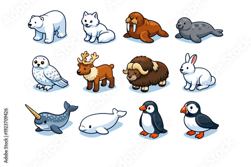 Arctic wildlife. Colorful isometric vector icons set of arctic wildlife: polar bear, arctic fox, walrus, seal, snowy owl, reindeer, musk ox, arctic hare,