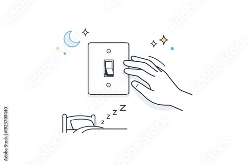 Light switches turned off. A hand gently moving away from a switch just turned off, light fading subtly in the background. The scene captures a small decisive