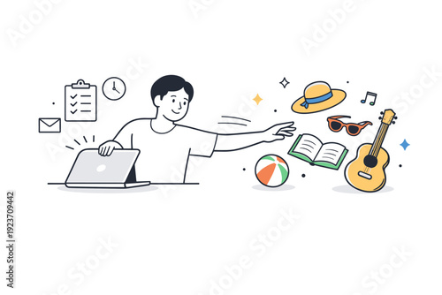 Healthy work-life balance. A person closes a laptop while reaching toward leisure symbols, showing a clear transition from work to personal life. The mood
