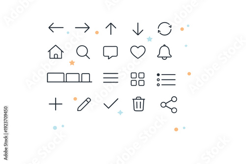 App navigation icons. Simple arrows, tabs, menus, and action icons arranged in a neat grid. Focused, intuitive mood highlighting usability