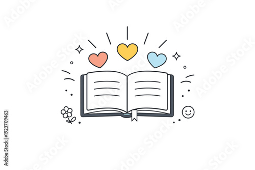 Gratitude practice. Abstract composition of open notebook, heart icons, and gentle rays forming a balanced layout. Conceptual view of