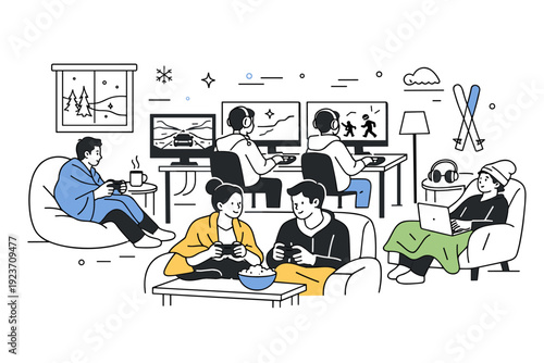 Winter Gaming Haven. Winter esports lounge scene. Multiple players engaged in gaming on screens with controllers and keyboards, cozy blankets, and minimal
