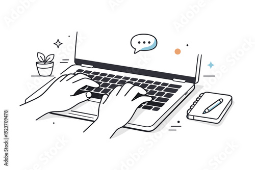 Quiet typing laptop close-ups. Close-up view of hands gently typing on a laptop keyboard in a silent workspace, with soft shadows and calm