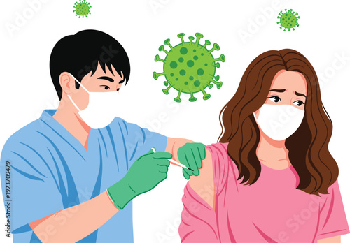 Doctor giving vaccine injection to woman illustration, coronavirus immunization and healthcare protection concept isolated on white background
