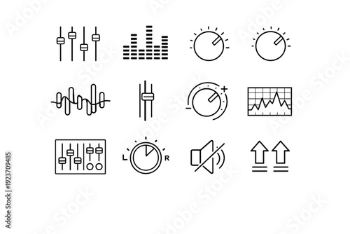 Music equalizer. Line icon set of Music equalizer: equalizer sliders, vertical bars, bass knob, treble knob, frequency bands, volume slider,