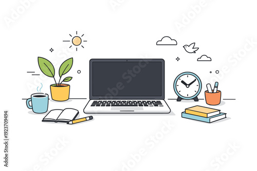 Digital screens off. Calm workspace with a powered-down laptop and dark screen, natural light filling the space. Intentional pause from digital noise and