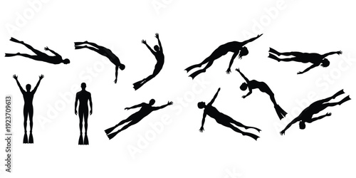 Collection of Scuba Divers Silhouette Set in Different Underwater Swimming Poses Vector Illustration