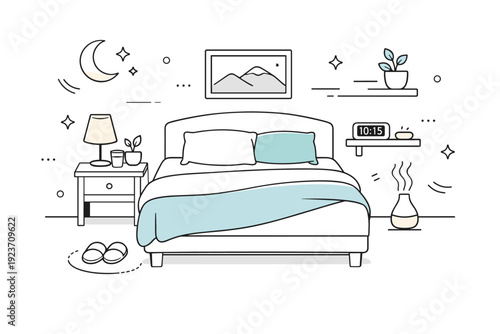 Healthy sleep environment setup. Calm bedroom scene with a neatly made bed, soft lighting, and minimal furniture, peaceful atmosphere promoting rest and
