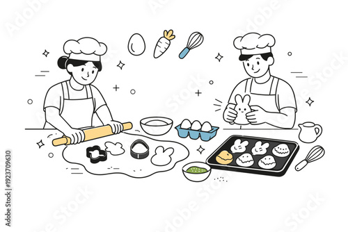 Easter bakery prep. Bakers roll out dough and shape festive pastries with bunny and egg cutters, subtle floating stars and dots highlighting joyful seasonal