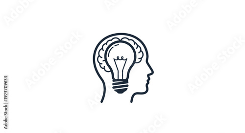 Black line art human head lightbulb.