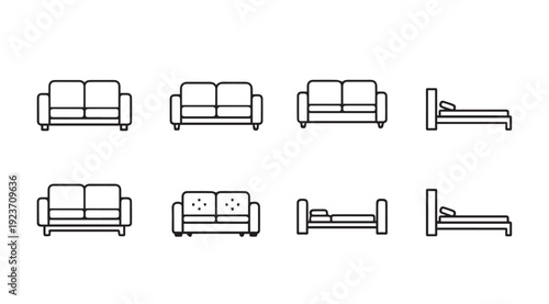 Outline Furniture Icons: Sofas and Beds in Various Views, Clean Line Art