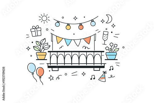 Abstract spring balcony celebration scene. Stylized balcony railings, plants, lights, and festive accents floating in a clean decorative composition. Modern