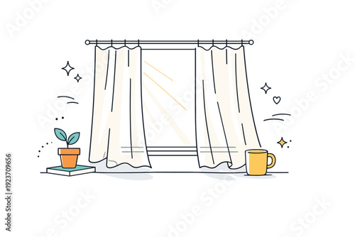 Curtains lighter fabrics in morning light. Sunlight filters through thin curtains, creating soft shadows and gentle highlights. The atmosphere feels warm,