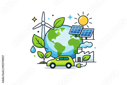 Eco friendly concept clean energy and nature elements blended together, expressing innovation, responsibility and a hopeful green future. Minimalist flat