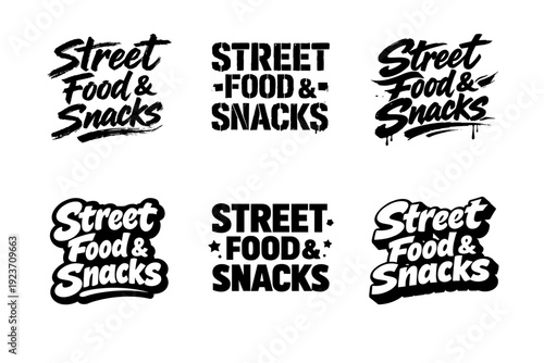 Street Food & Snacks. Set lettering. harmonious lettering variations of the same emblematic concept, each with different artistic interpretation (Grunge