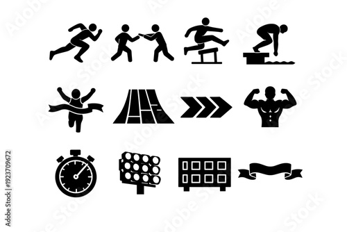 High speed athletics. Solid icon set of high speed athletics: track runner stride, relay baton pass, hurdler jump, swimmer dive start, sprinter finish line,
