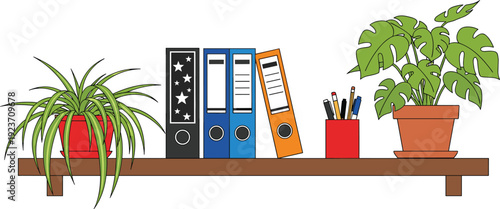 Office shelf with houseplants and binders illustration, indoor plants and stationery decor concept isolated on white  