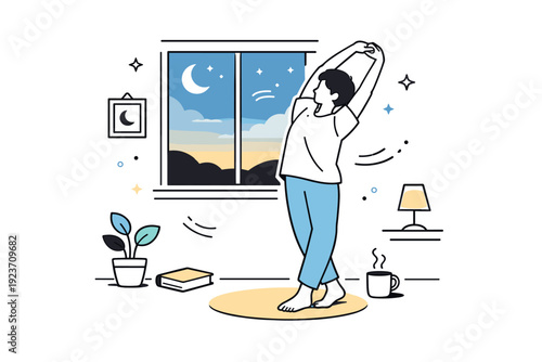 Evening wind-down scenes. Someone stretching gently near a window as the sky turns darker outside. The scene captures release of tension and slow transition