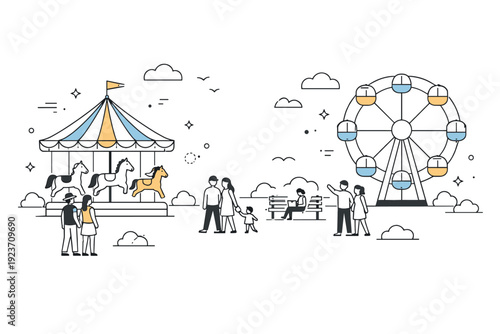 Amusement park leisure visits. Editorial wide scene with carousel, ferris wheel, and open walkways. Spacious layout emphasizing slow enjoyment. Minimalist flat