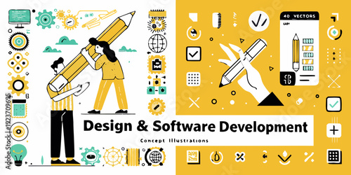 Design and software development concept with illustrations of tools and ideas