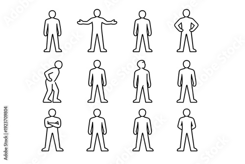 Confident body language. Line icon set of Confident body language: upright stance, open arms, relaxed hands, firm footing, head held high, steady gaze, slight