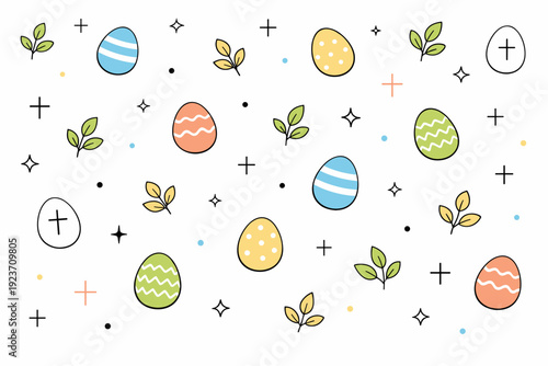 Minimal Easter pattern background. Scattered Easter eggs, leaves, and small crosses arranged with plenty of white space, creating a clean and modern festive