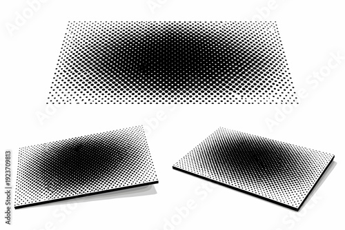 Black and white halftone dense dot background texture shown as a single object presented in three views: flat top view, angled view, and