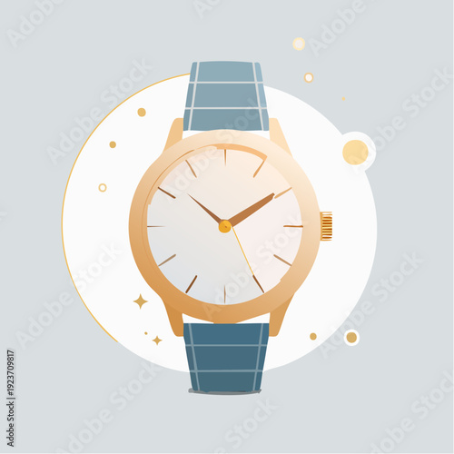 Vintage watch with retro design elements on a wrist with a blue leather strap and golden accents