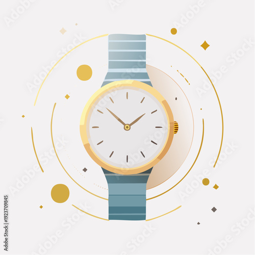 Vintage retro wristwatch illustration on a clean background with decorative elements from a front viewpoint